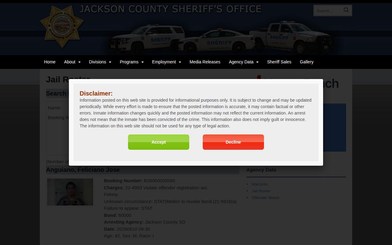 Jackson County release mugshot source on the current jail roster