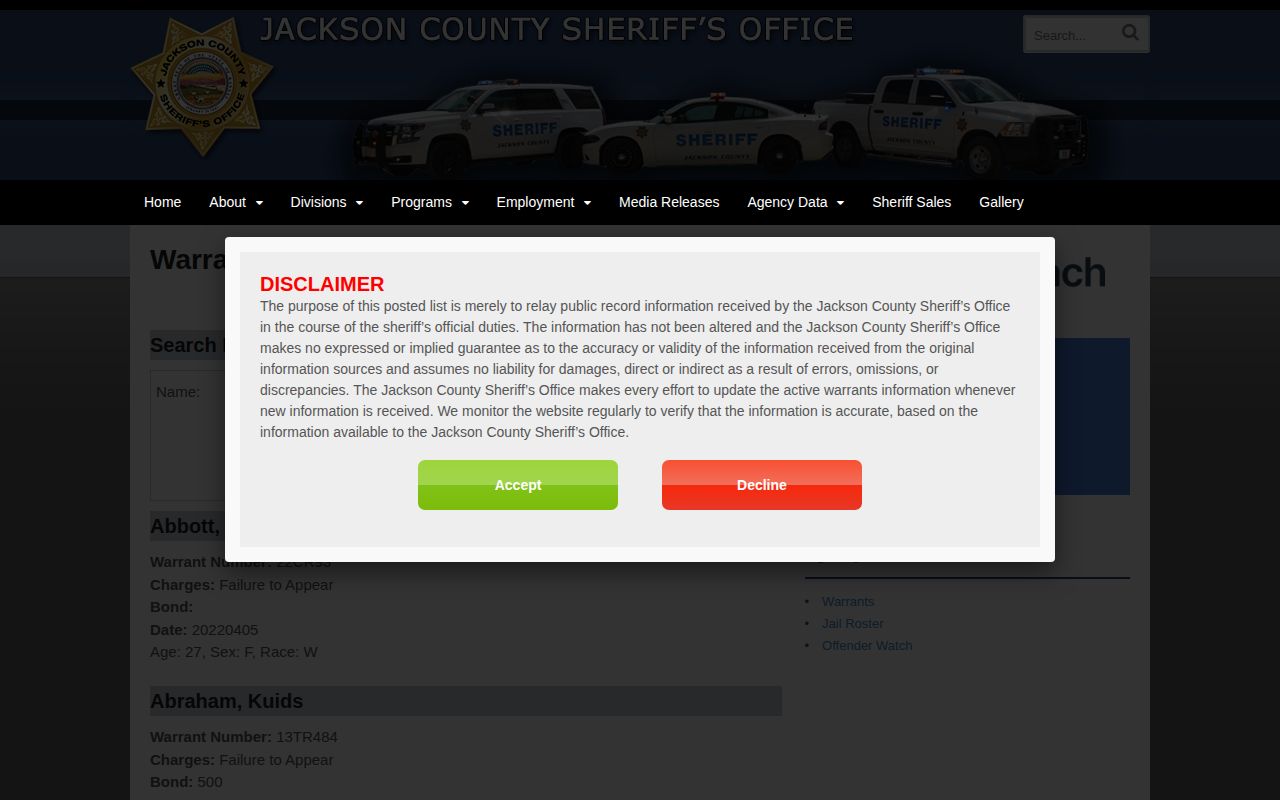 Jackson County active warrant search separate from parole records