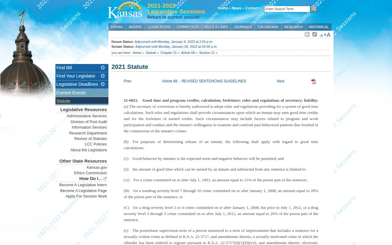 Kansas good-time statute used for Jackson County projected release dates