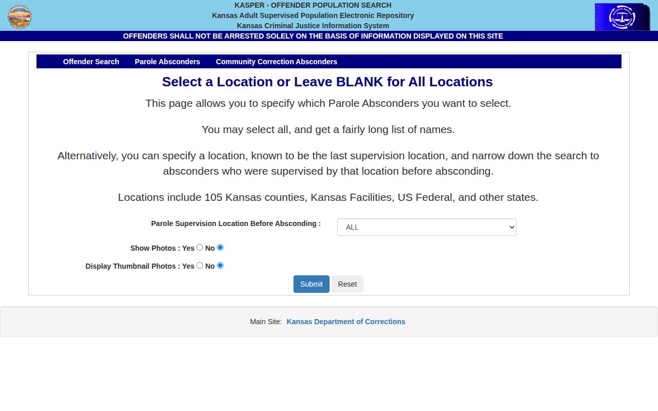 KDOC absconder filters for Jackson County parole records