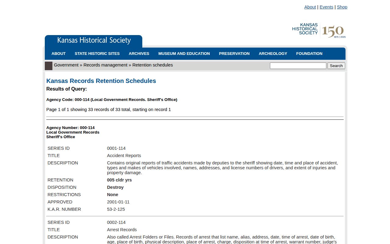 Kansas sheriff retention entries for Jackson County release records